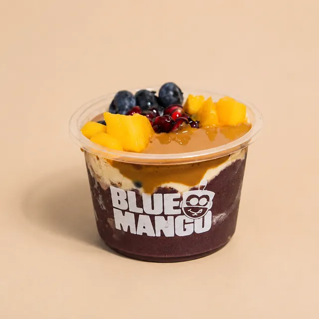 Small acai bowl topped with blueberries, pomegranate and fresh mango